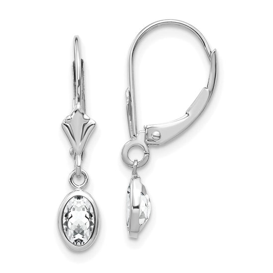 14k White Gold 6x4 Oval Bezel April/White Topaz Leverback Earrings