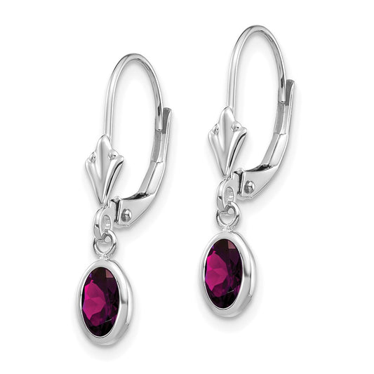 14k White Gold 6x4 Oval Bezel June/Rhodolite Garnet Leverback Earrings