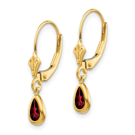 14k 6x4mm Pear Bezel January/Garnet Leverback Earrings