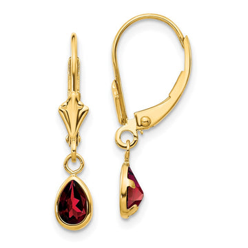 14k 6x4mm Pear Bezel January/Garnet Leverback Earrings