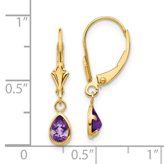 14k 6x4mm Pear Bezel February/Amethyst Leverback Earrings