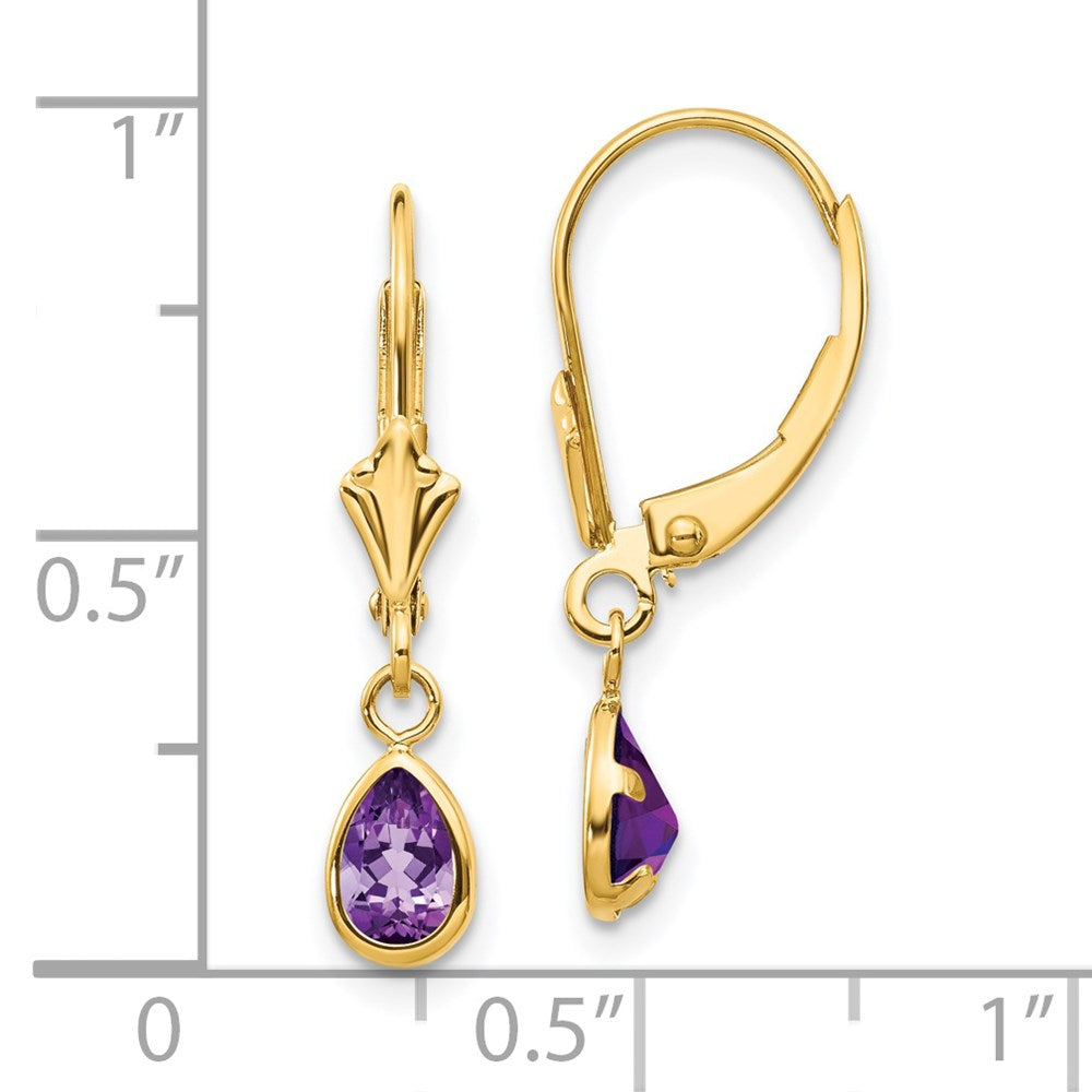 14k 6x4mm Pear Bezel February/Amethyst Leverback Earrings