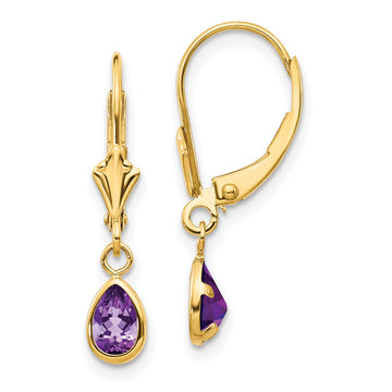 14k 6x4mm Pear Bezel February/Amethyst Leverback Earrings
