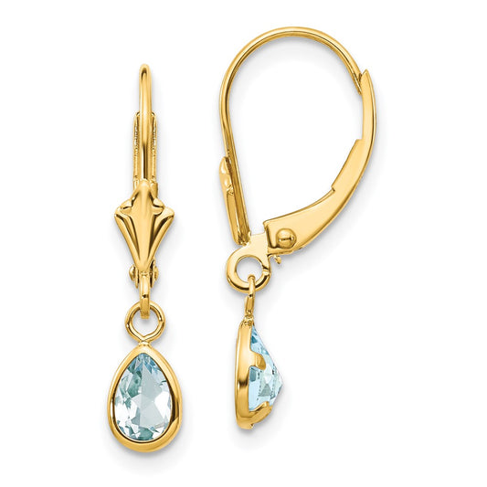 14k 6x4mm Pear Bezel March/Aquamarine Leverback Earrings