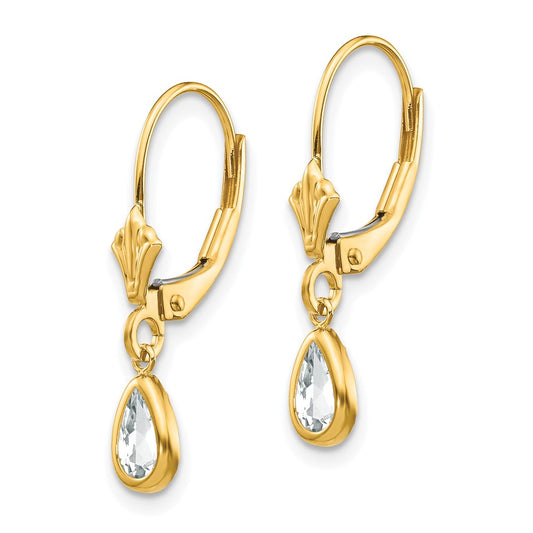 14k 6x4mm Pear Bezel April/White Topaz Leverback Earrings