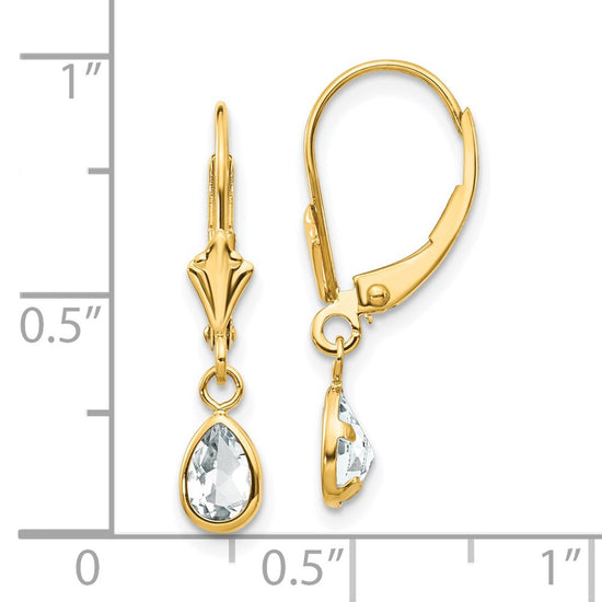 14k 6x4mm Pear Bezel April/White Topaz Leverback Earrings