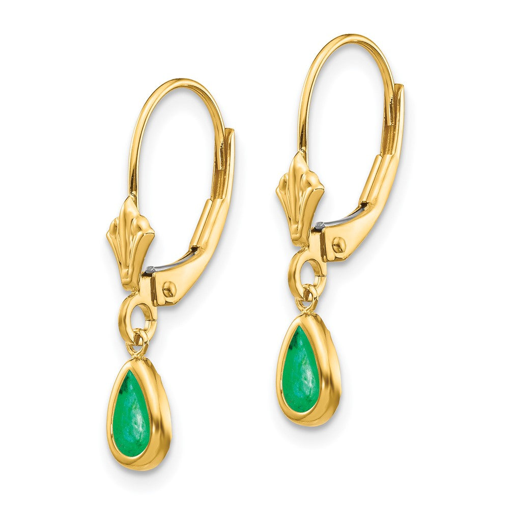 14k 6x4mm Pear Bezel May/Emerald Leverback Earrings