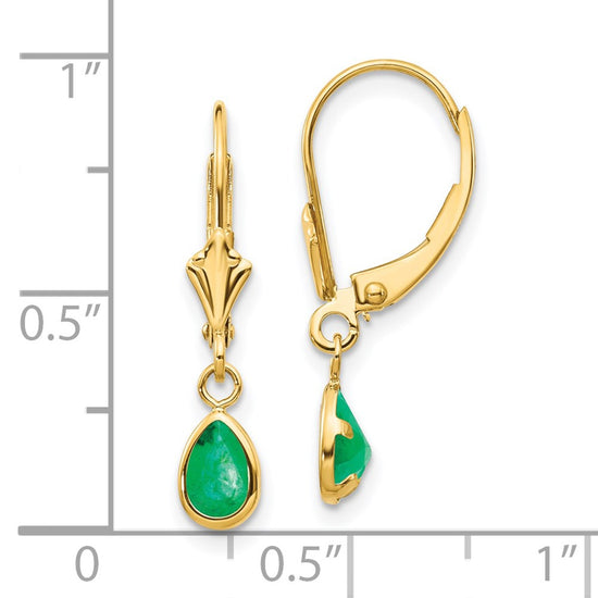 14k 6x4mm Pear Bezel May/Emerald Leverback Earrings