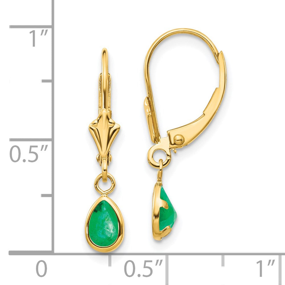 14k 6x4mm Pear Bezel May/Emerald Leverback Earrings