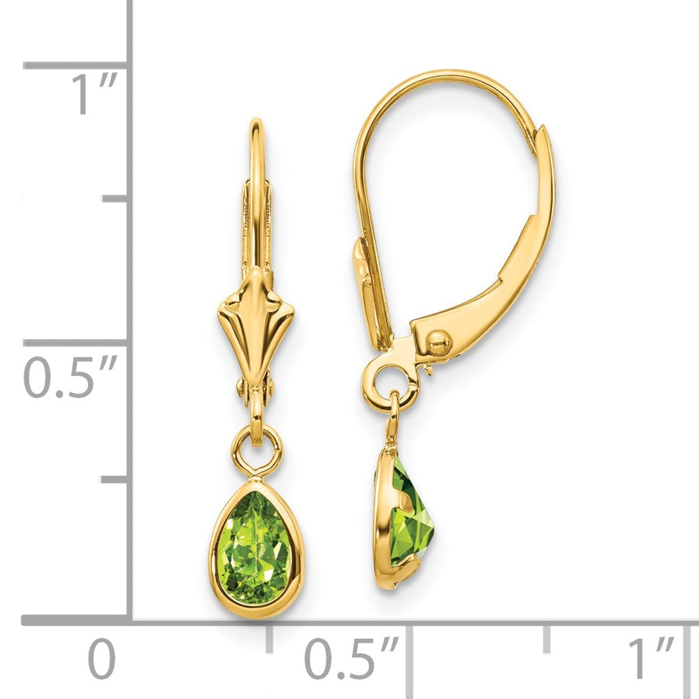 14k 6x4mm Pear Bezel August/Peridot Leverback Earrings