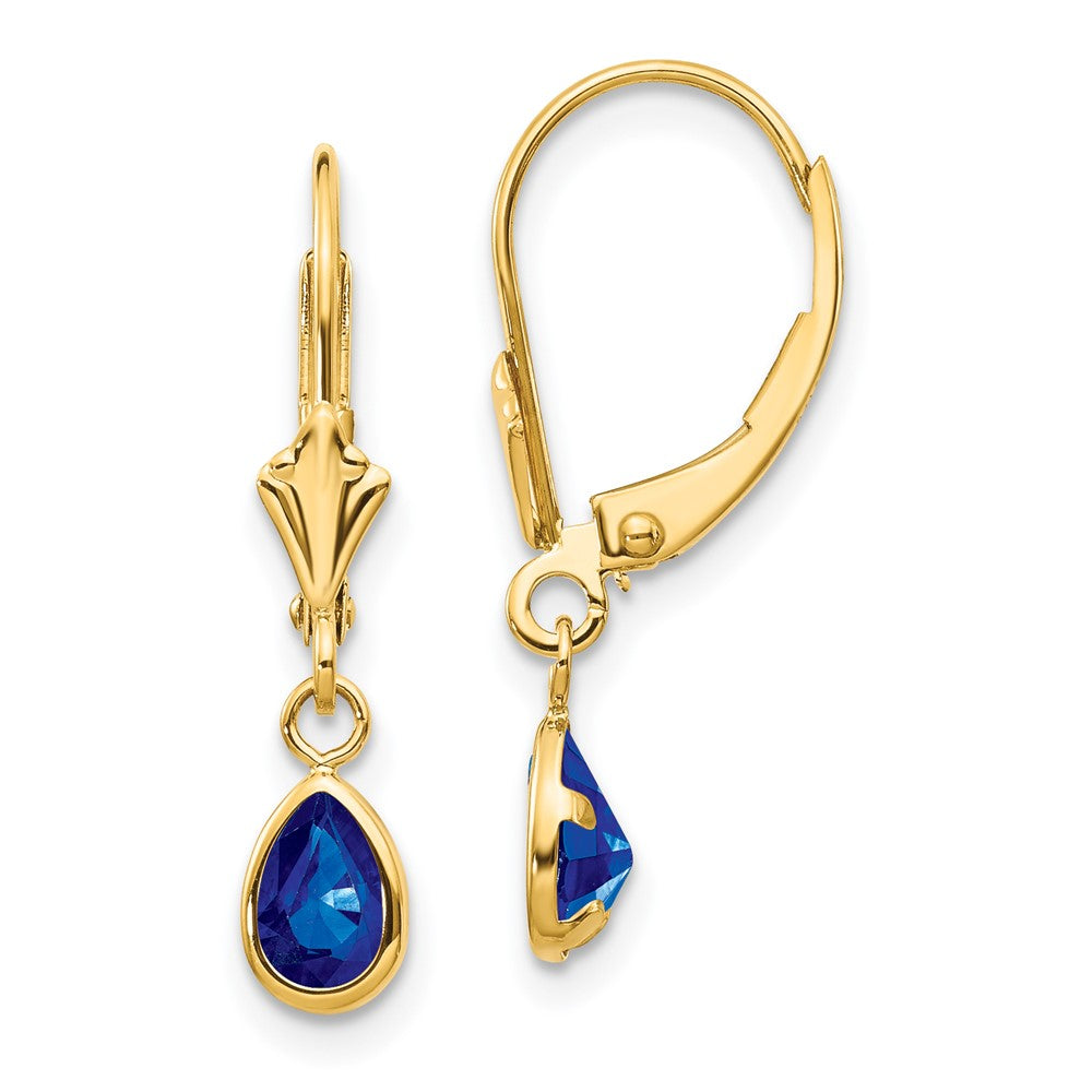 14k 6x4mm Pear Bezel September/Sapphire Leverback Earrings