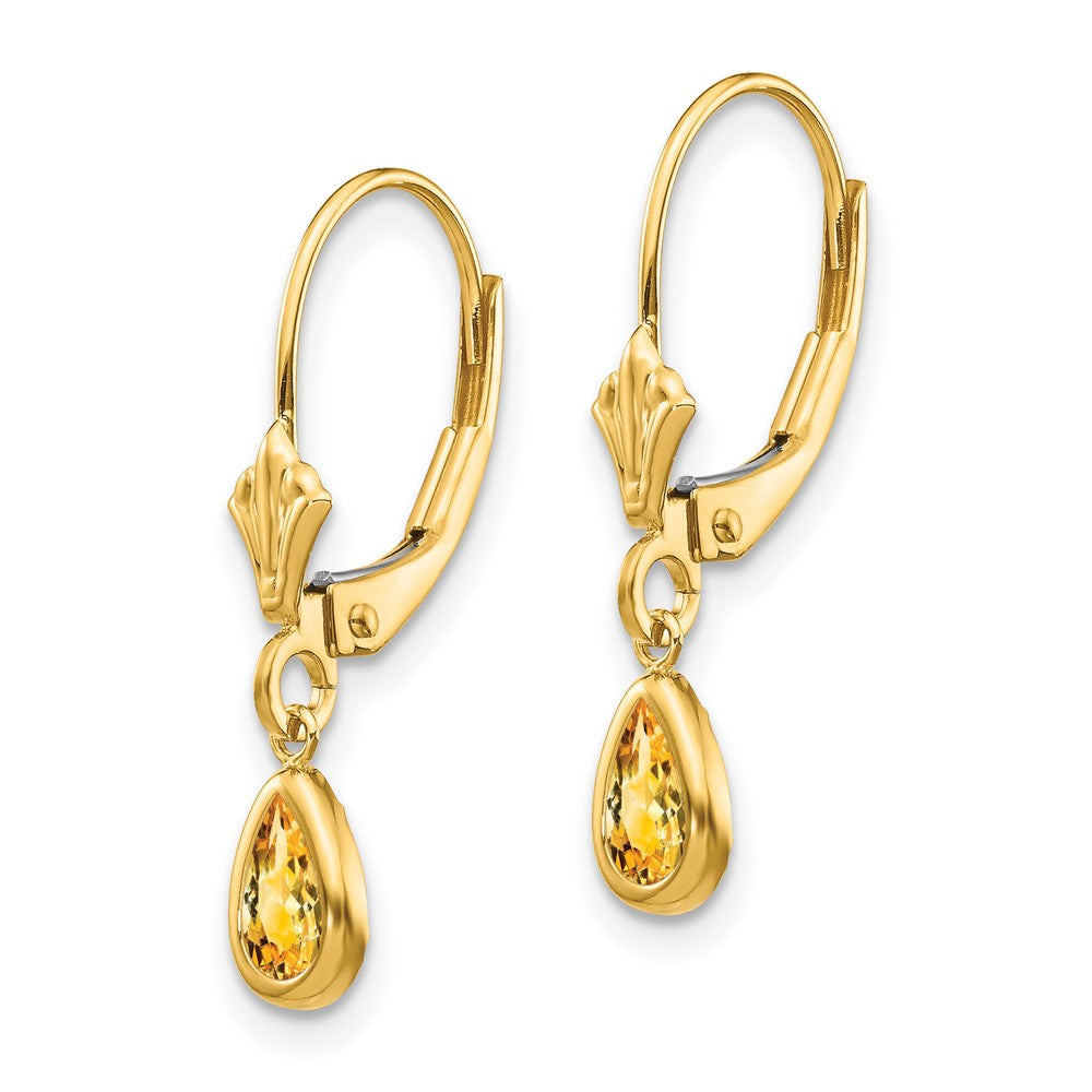 14k 6x4mm Pear Bezel November/Citrine Leverback Earrings