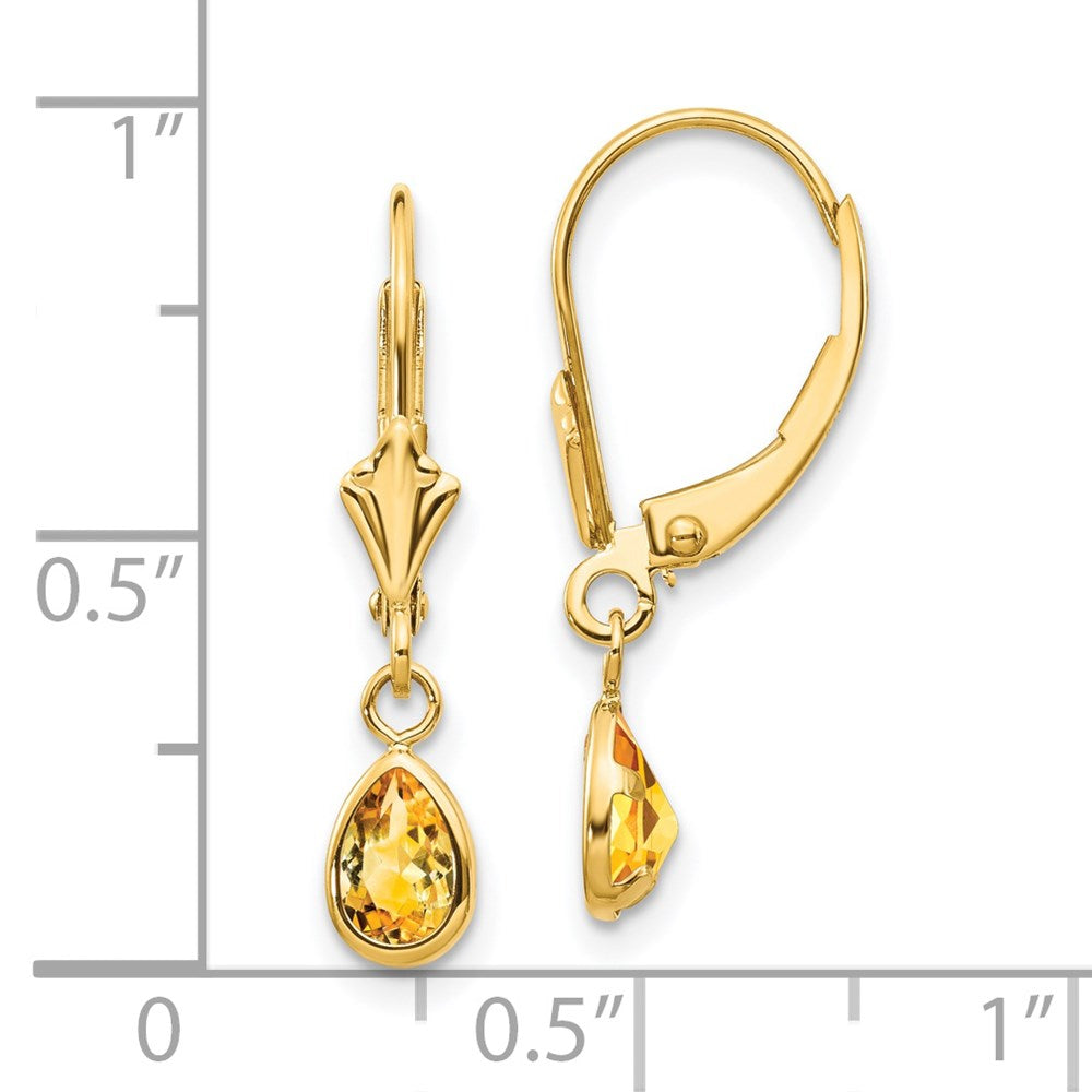 14k 6x4mm Pear Bezel November/Citrine Leverback Earrings
