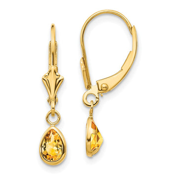 14k 6x4mm Pear Bezel November/Citrine Leverback Earrings
