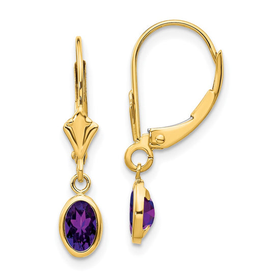 14k 6x4 Oval Bezel February/Amethyst Leverback Earrings