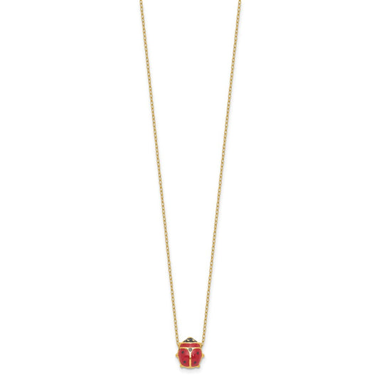 14K Polished Red and Black Enameled Ladybug 17 inch Necklace Plus 1 inch Extender