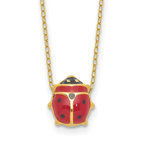 14K Polished Red and Black Enameled Ladybug 17 inch Necklace Plus 1 inch Extender