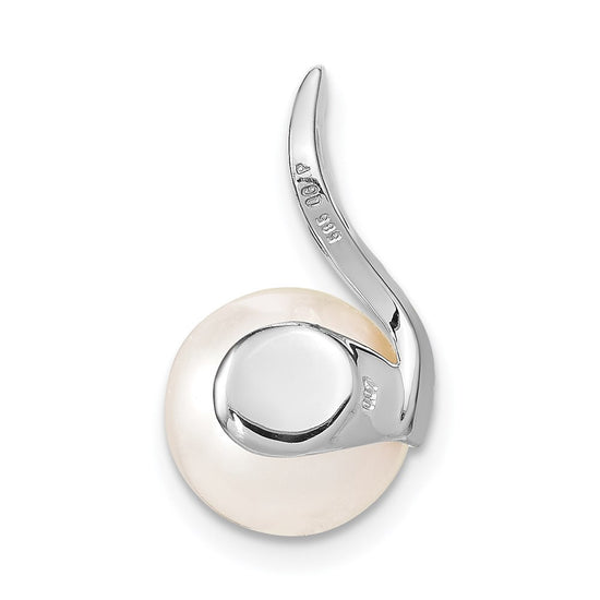 14k White Gold 9-10mm White Button Freshwater Cultured Pearl and Diamond Chain Slide