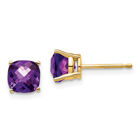 14k 6mm Cushion Amethyst Checkerboard Post Earrings