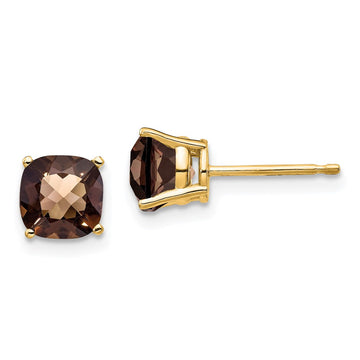 14k 6mm Cushion Smoky Quartz Checkerboard Post Earrings
