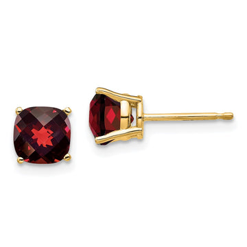 14k 6mm Cushion Garnet Checkerboard Post Earrings