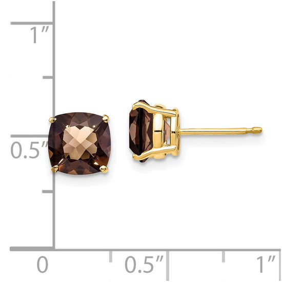 14k 7mm Cushion Smoky Quartz Checkerboard Post Earrings