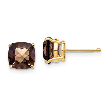 14k 7mm Cushion Smoky Quartz Checkerboard Post Earrings