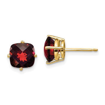 14k 7mm Cushion Garnet Checkerboard Post Earrings