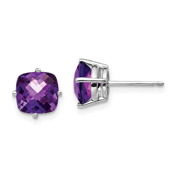 14k White Gold 7mm Cushion Amethyst Checkerboard Post Earrings