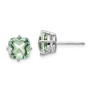 14k White Gold 7mm Cushion Green Quartz Post Earrings