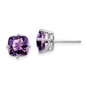 14k White Gold 7mm Cushion Amethyst Post Earrings