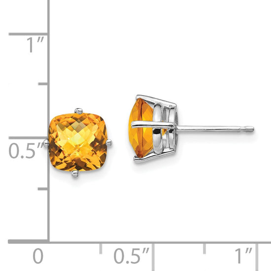 14k White Gold 7mm Cushion Citrine Checkerboard Post Earrings