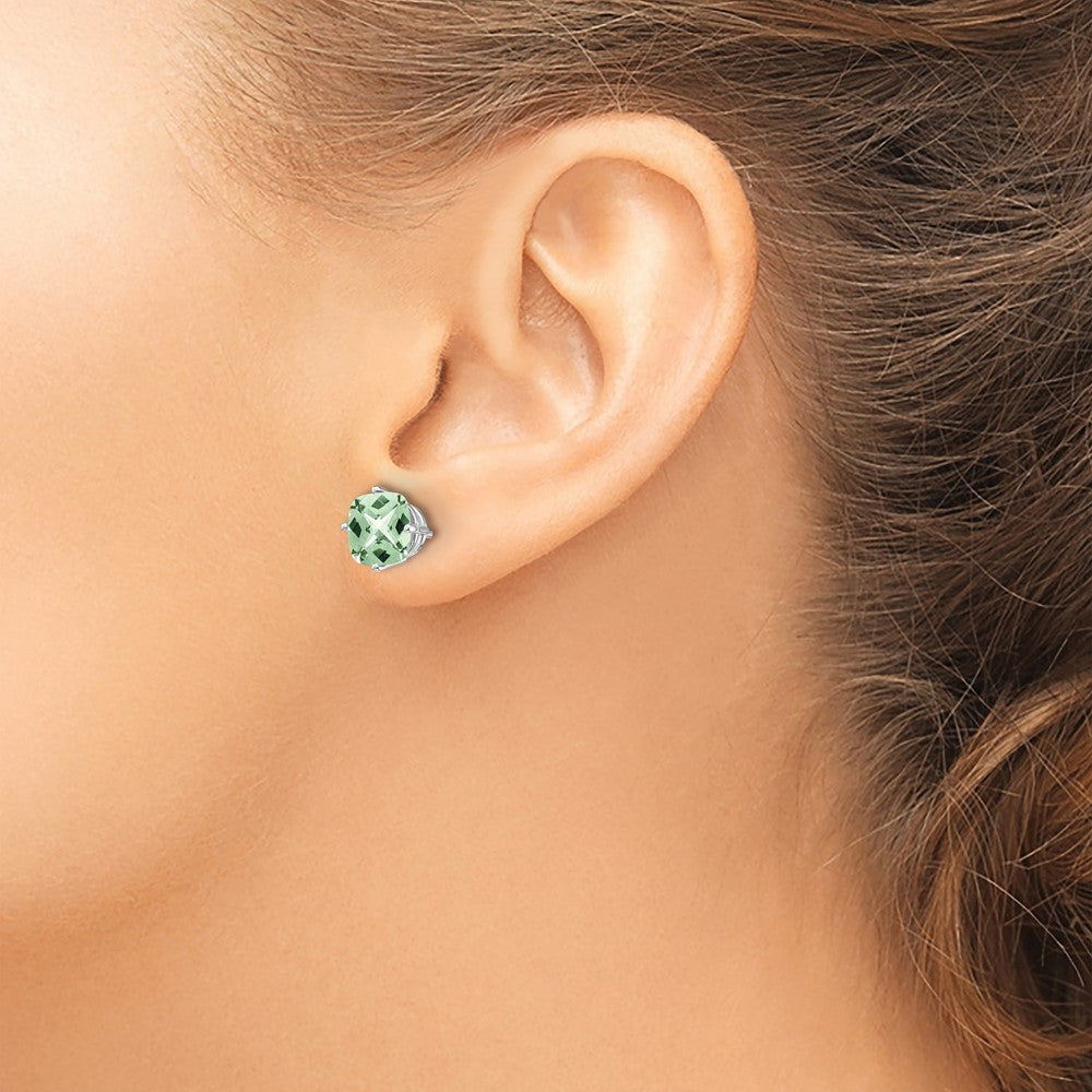 14k White Gold 7mm Cushion Green Quartz Checkerboard Post Earrings