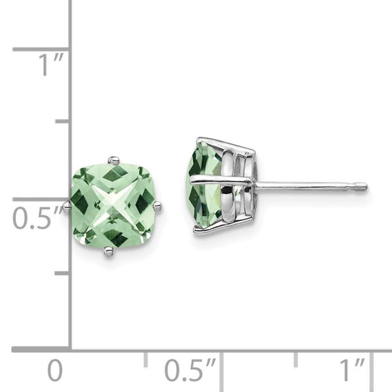 14k White Gold 7mm Cushion Green Quartz Checkerboard Post Earrings