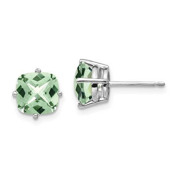 14k White Gold 7mm Cushion Green Quartz Checkerboard Post Earrings