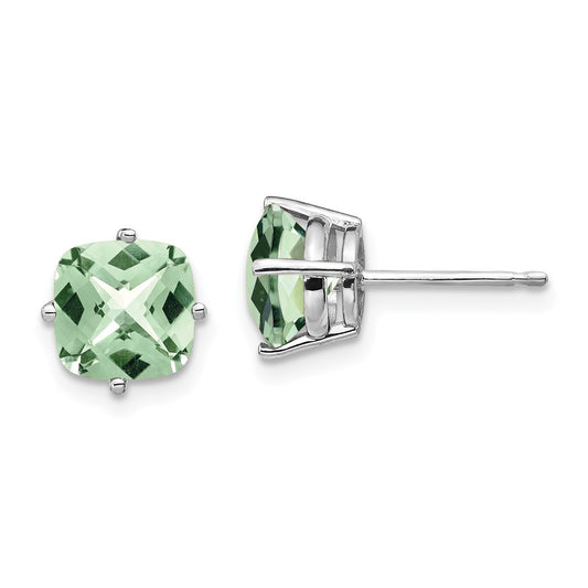 14k White Gold 7mm Cushion Green Quartz Checkerboard Post Earrings
