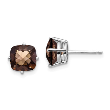 14k White Gold 7mm Cushion Smoky Quartz Checkerboard Post Earrings