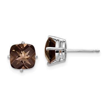 14k White Gold 7mm Cushion Smoky Quartz Post Earrings