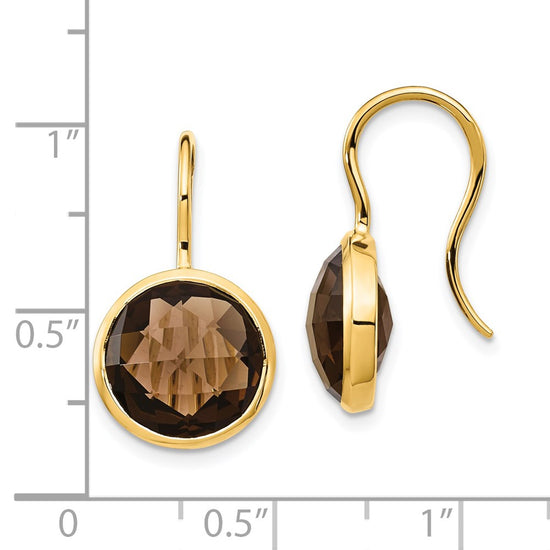 14k 11mm Round Smoky Quartz Checkerboard Dangle Shepherd Hook Earrings
