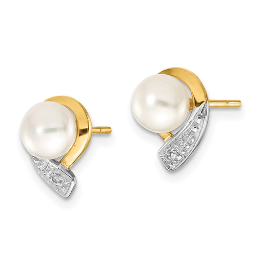 14k 5-6mm White Button Freshwater Cultured Pearl and .01 carat Diamond Post Earrings