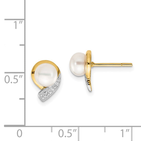 14k 5-6mm White Button Freshwater Cultured Pearl and .01 carat Diamond Post Earrings