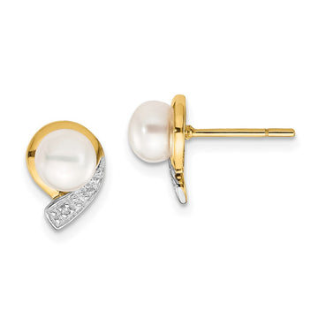 14k 5-6mm White Button Freshwater Cultured Pearl and .01 carat Diamond Post Earrings