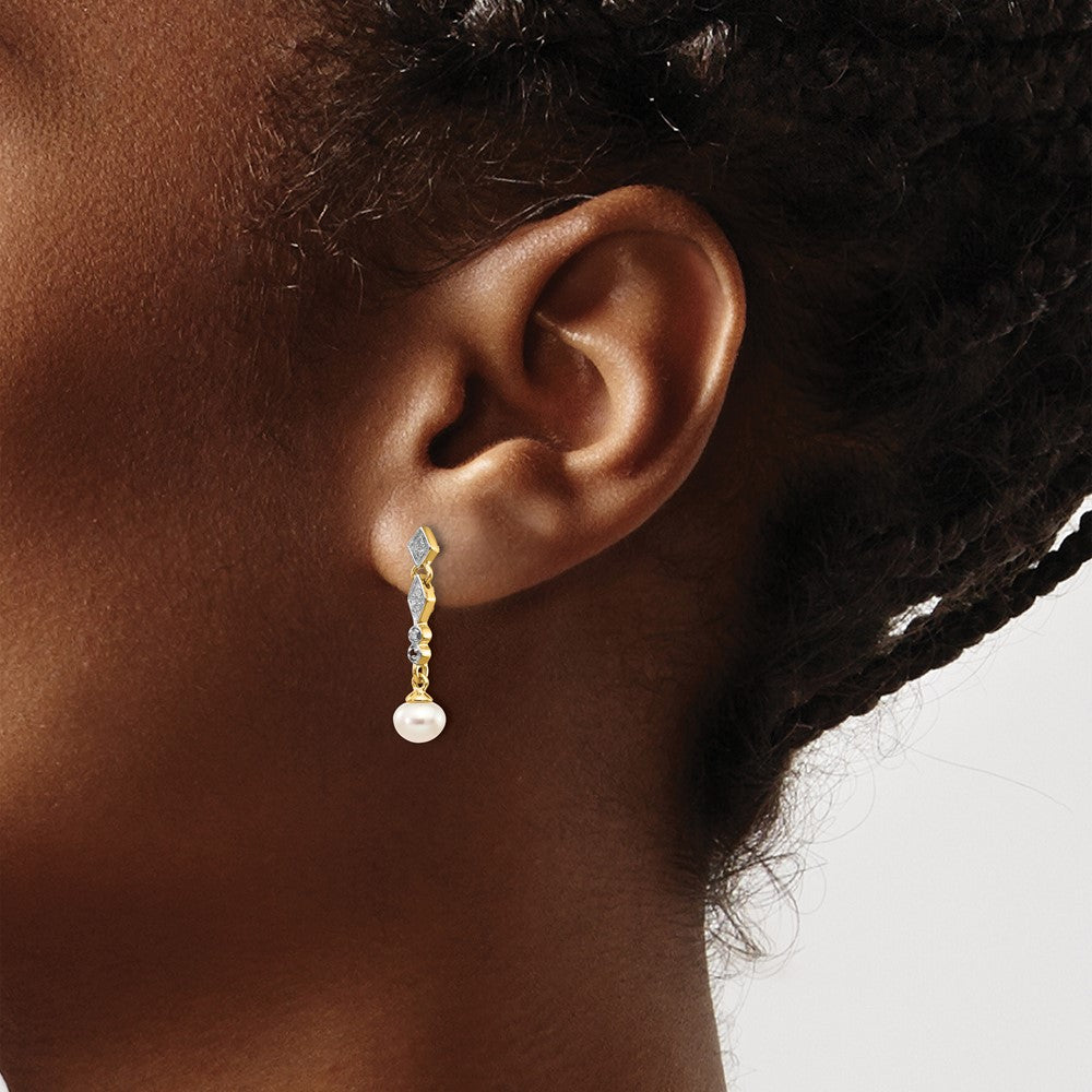 14k and White Rhodium 5-6mm Semi-round White Freshwater Cultured Pearl and .04 carat Diamond Dangle Post Earrings