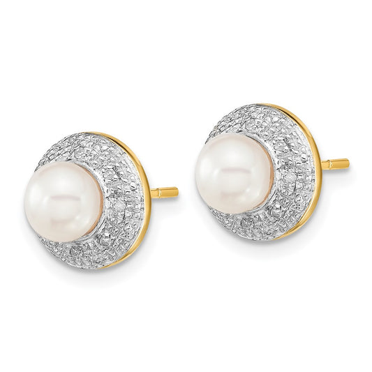 14k and White Rhodium 5-6mm White Button Freshwater Cultured Pearl and .05 carat Diamond Post Earrings