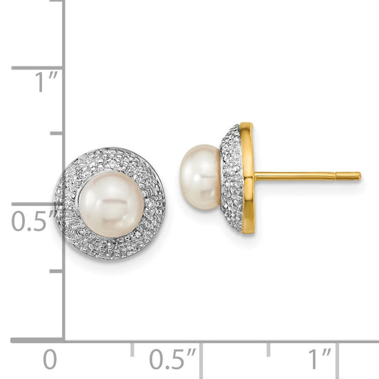 14k and White Rhodium 5-6mm White Button Freshwater Cultured Pearl and .05 carat Diamond Post Earrings