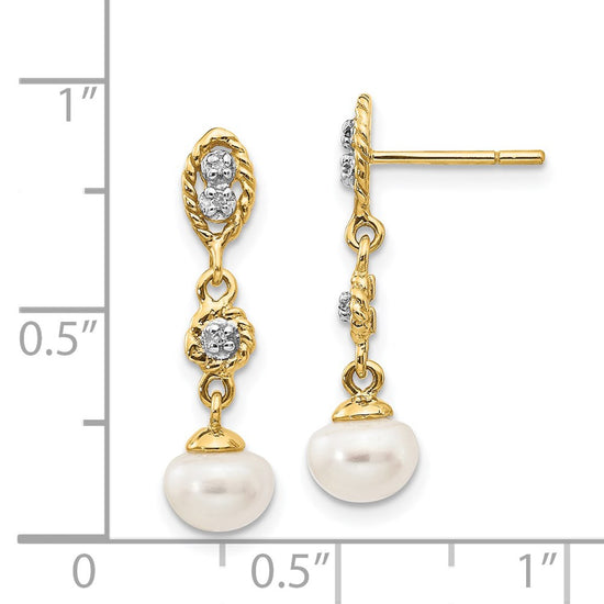 14k and White Rhodium 6-7mm Semi-round White Freshwater Cultured Pearl and .02 carat Diamond Dangle Post Earrings