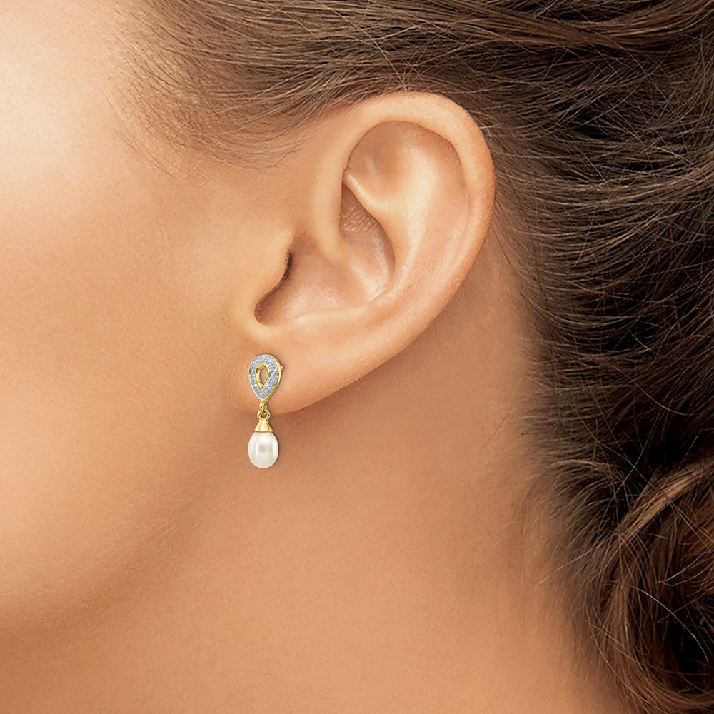 14k 7x5mm White Teardrop Freshwater Cultured Pearl and .01 carat Diamond Dangle Post Earrings