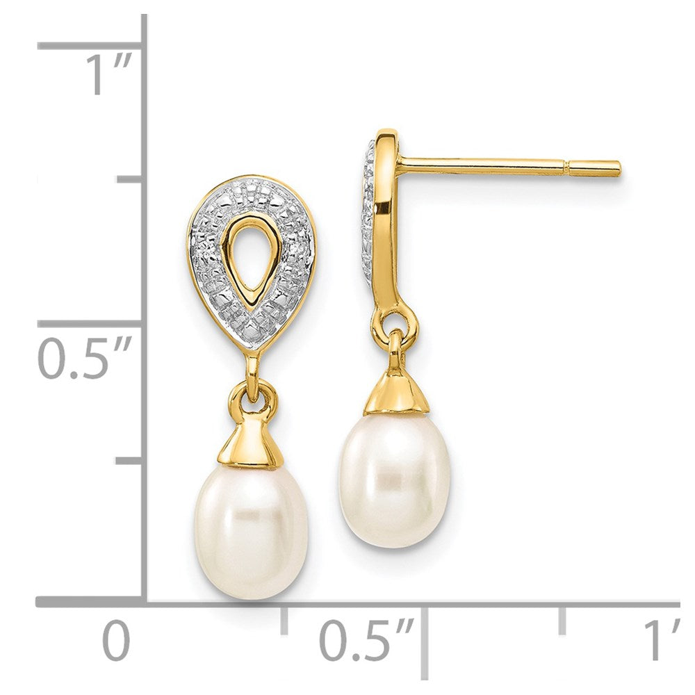 14k 7x5mm White Teardrop Freshwater Cultured Pearl and .01 carat Diamond Dangle Post Earrings