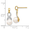 14k 6-7mm White Round Freshwater Cultured Pearl and .01 carat Diamond Ribbon Dangle Post Earrings