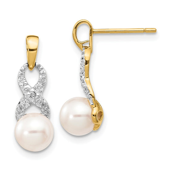 14k 6-7mm White Round Freshwater Cultured Pearl and .01 carat Diamond Ribbon Dangle Post Earrings